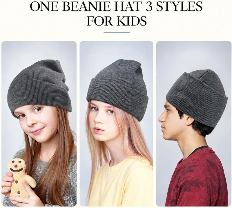 Kids cuffed beanies, Neutral four-color set, view 4